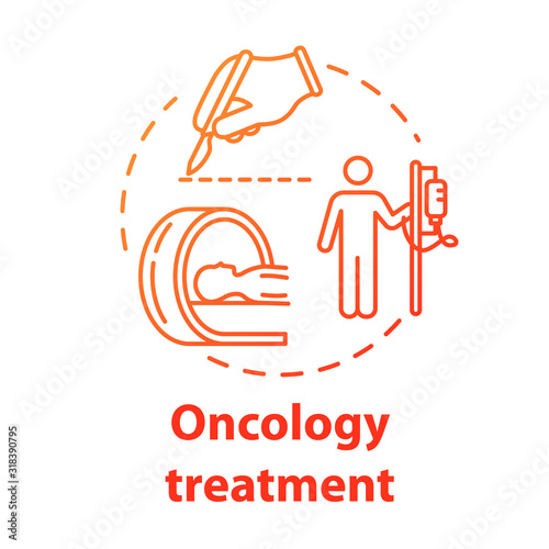 Oncology treatment concept icon. Chemotherapy, surgical and radiological treatment of cancer. Tumor cure idea thin line illustration. Vector isolated outline RGB color drawing