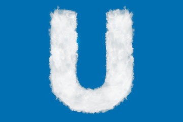 Letter U font shape element made of clouds on blue background over sky