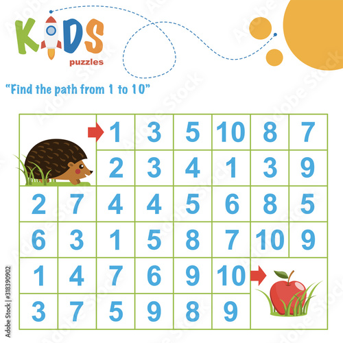Find the path from 1 to 10. Easy colorful math worksheet practice for kids in preschool, elementary and middle school.