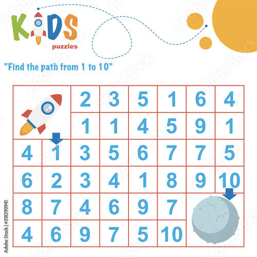Find the path from 1 to 10. Easy colorful math worksheet practice for kids in preschool, elementary and middle school.