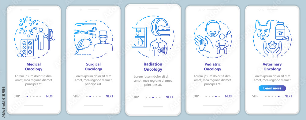 Oncology onboarding mobile app page screen with concepts. Cancer treatment walkthrough five steps graphic instructions. Medical oncology. Surgery. UI vector template with RGB color illustrations