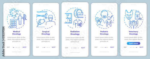 Oncology onboarding mobile app page screen with concepts. Cancer treatment walkthrough five steps graphic instructions. Medical oncology. Surgery. UI vector template with RGB color illustrations