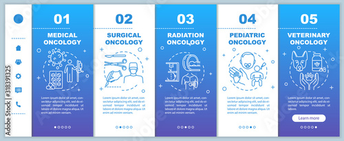 Oncology onboarding vector template. Surgical and radiation cancer treatment. Medical and veterinary oncology. Responsive mobile website with icons. Webpage walkthrough step screens. RGB color concept