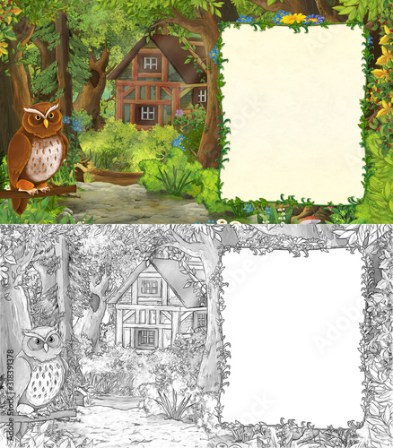 Foto cartoon summer scene with bird with meadow in the forest sketch page