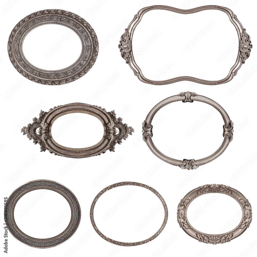 Set of silver frames for paintings, mirrors or photo isolated on white background