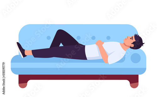 Man lying on sofa semi flat RGB color vector illustration. Upset guy resting on couch. Tired person relaxing at home. Psychology consultation. Isolated cartoon character on white background