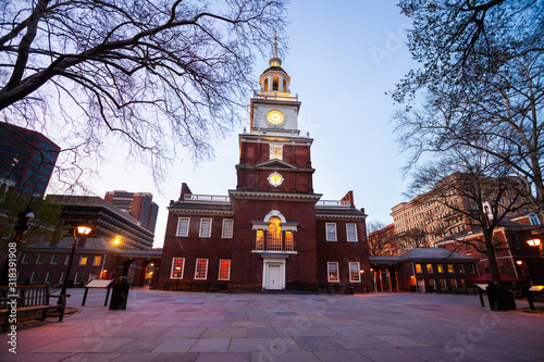 Illuminated Independence Square and Hall during evening dusk time in Philadelphia building where the United States Constitution was signed