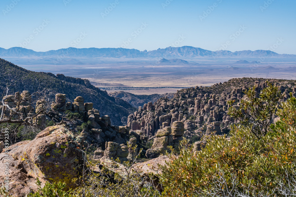 view from Massai Point trailhead in the Chiricahua Mountains and National Monument showing columns or view from Massai Point trailhead in the Chiricahua Mountains and National Monument showing columns or