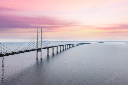 The Oresund bridge between Copenhagen Denmark and Malmo Sweden when sunset in an evening of May
