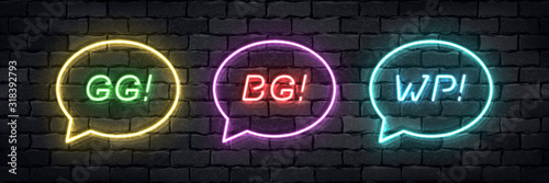 Vector set of realistic isolated neon sign of GG, BG, WP logo for template decoration and layout covering on the wall background. Concept of gaming slang. photo