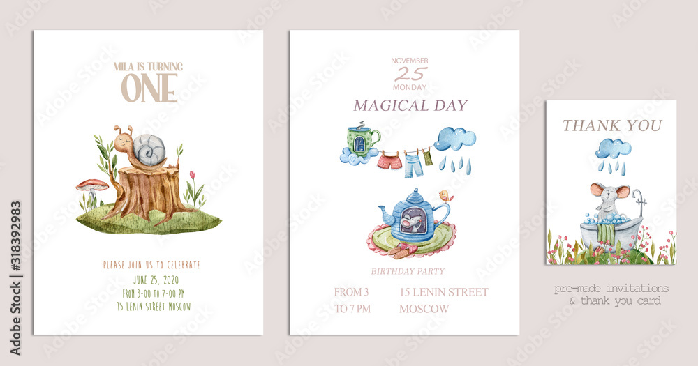 Birthday Anniversary invitation cards with funny cartoon character. Cute lovely mouse sitting on a stump. Birthday baby party Invitation Card Template