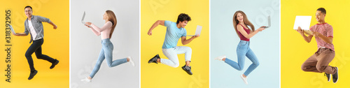 Fototapet Collage with different jumping people holding their laptops