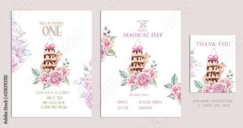 Birthday Anniversary watercolor invitation cards with funny cartoon character. Lovely cute cartoon cat and cake. Birthday baby party Invitation Card Template © Tiana_Geo