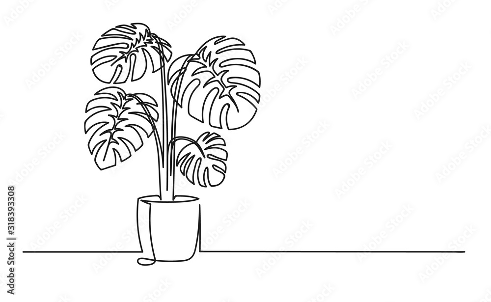 Continuous one line drawing of a flower in a pot - obrazy, fototapety, plakaty 