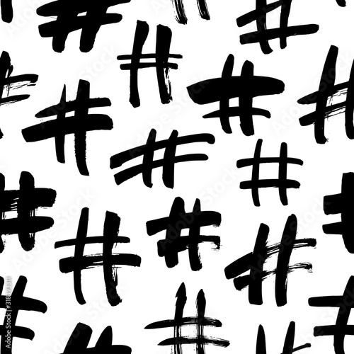 Black paint hashtags vector seamless pattern. Modern social media sign freehand charcoal texture.