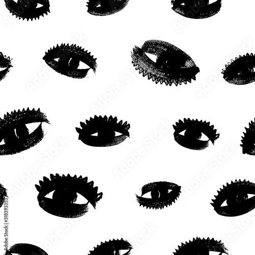 Eyes with eyelashes grunge vector seamless pattern. Hand drawn ink illustration.
