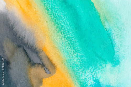 Turquoise, orange and blue hand drawn vector watercolour painting. Modern indigo blending illustration.
