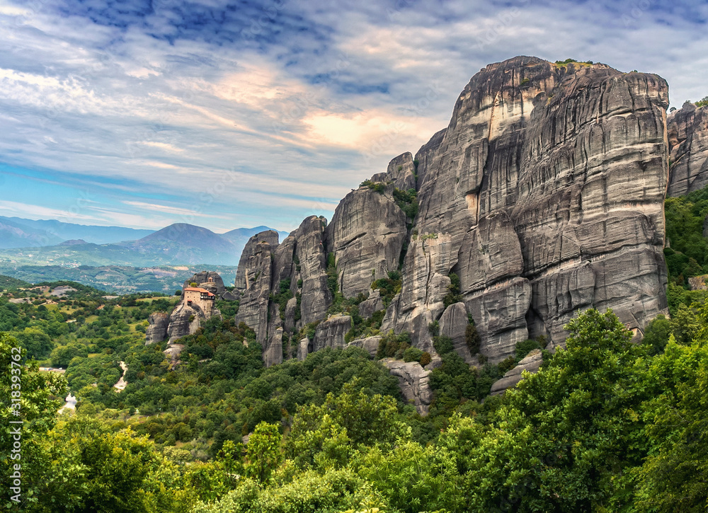 Meteora - rocks consisting of a mixture of sandstone and detrital rock and reaching a height of 600 m above sea level, in the mountains of Thessaly.