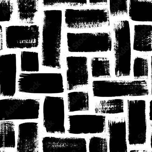 Grunge rectangles vector seamless pattern. Hand drawn brush strokes ornament. Ink illusatrtion, geometric abstract texture.