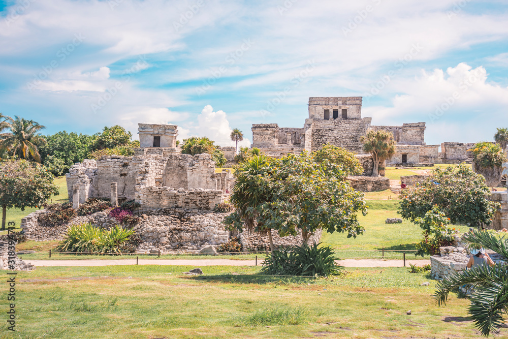 Tulum Archaeological Site. Ancient Mayan pyramids located in Riviera Maya, Mexico - obrazy, fototapety, plakaty 