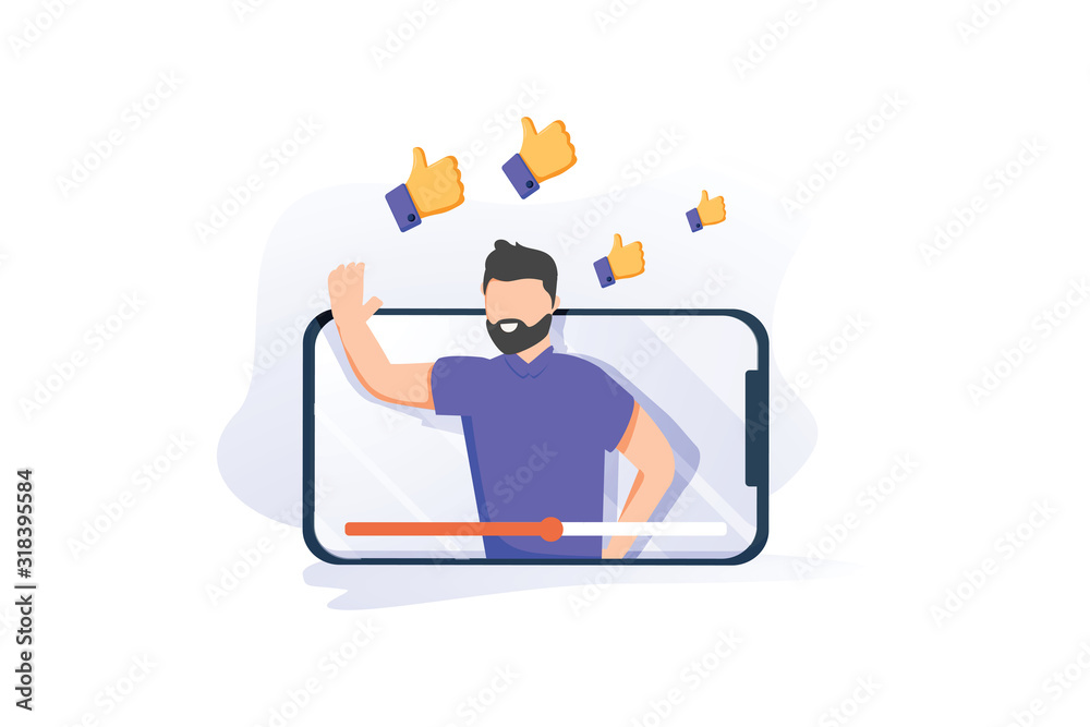 Vector illustration of online education. Concept of video blogging. The guy is in his video blog on the phone screen. Vector illustration of online education. Concept of video blogging. The guy is in his video blog on the phone screen.