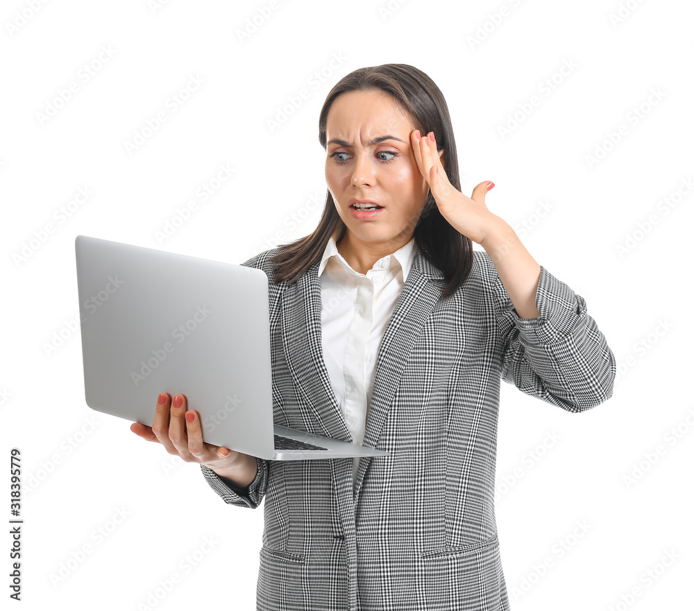 Worried businesswoman with laptop on white background Worried businesswoman with laptop on white background