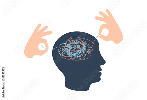 Psychotherapy concept illustration with hands untangling messy snarl knot, vector illustration.