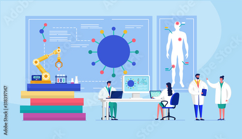 Laboratory coronavirus vaccine antiviral biology research antivirus doctors vector illustration. Scientists in laboratory, chemical researchers with lab equipment.