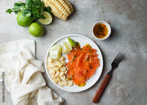 tiradito de salmon -  Peruvian dish of raw fish, carpaccio photo