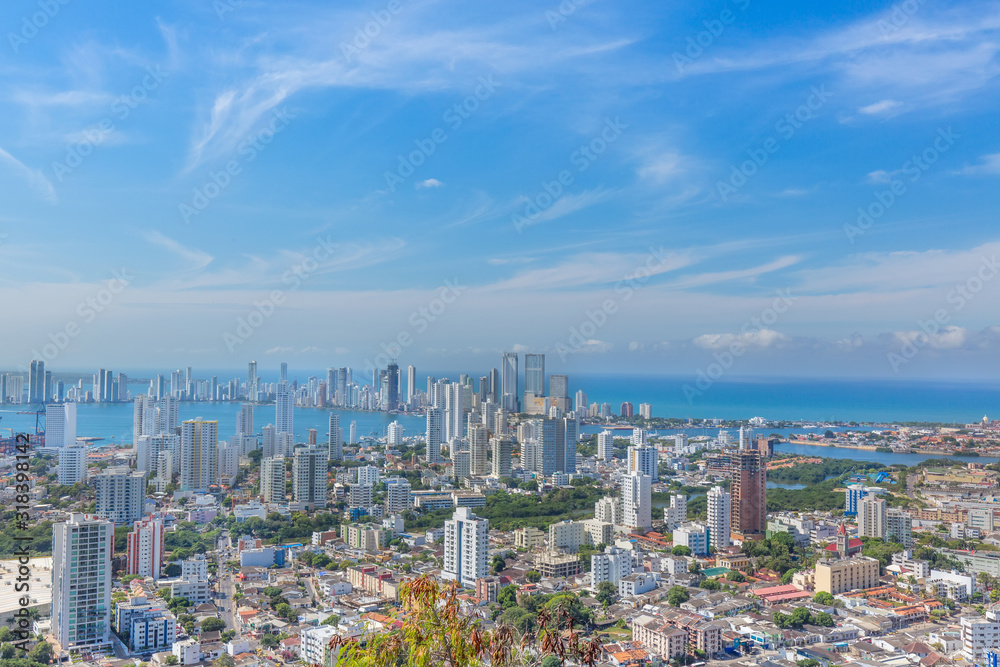 Scenic view of Cartagena cityscape, modern skyline, hotels and ocean bays Bocagrande and Bocachica from the lookout hill of Santa Cruz convent (Convento de la Popa)