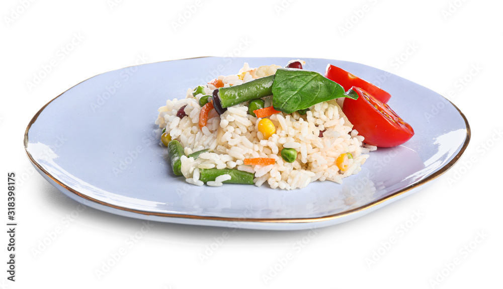 Plate with boiled rice and vegetables on white background Plate with boiled rice and vegetables on white background