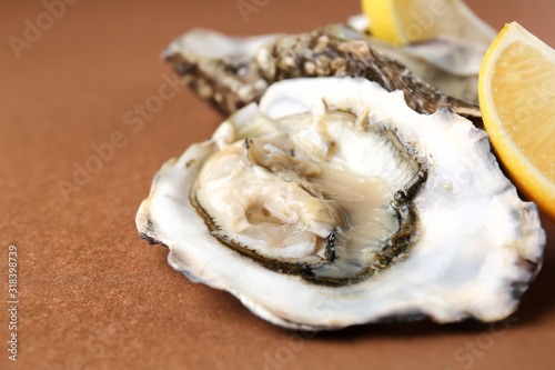 Tasty oysters with lemon on color background, closeup