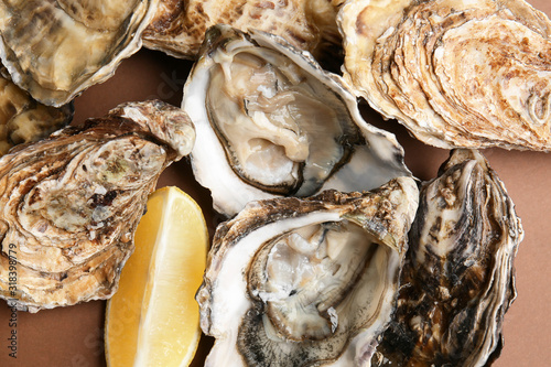 Tasty oysters with lemon on color background, closeup