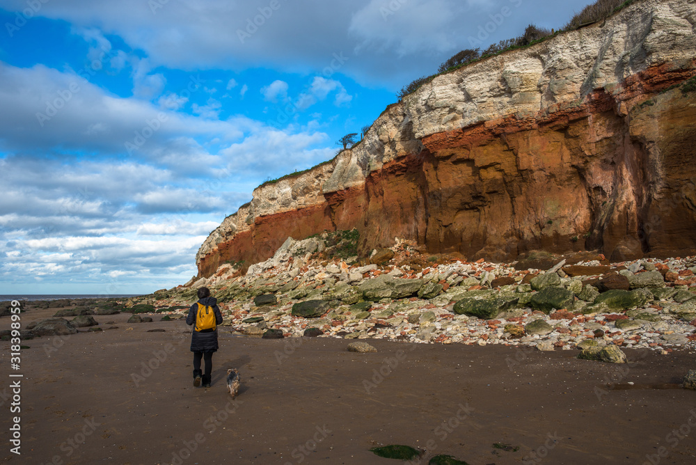Hunstanton Cliffs near Old Hunstantion on Norfolk coast, where white chalk overlays red limestone in a colourful formation. Known as the Candy Cliffs.