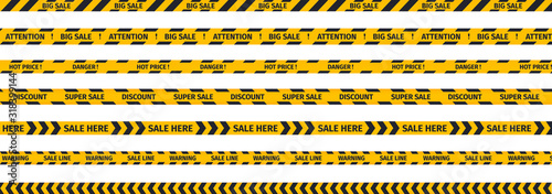 Set sale icons, discount ribbons, hot price stripe. Stylized collection of yellow cordon tapes isolated vector objects 