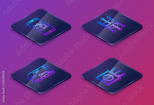 Set Isometric line Mobile and graphic password protection, RAM, random access memory, Processor and Remote control. Blue square button. Vector