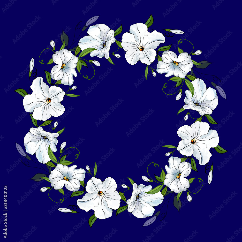 Beautiful wreath of petunia. Floral frame with white flowers and green leaves on dark blue background. Hand drawn. For wedding invitations, greeting cards. Copy space. Vector stock illustration.