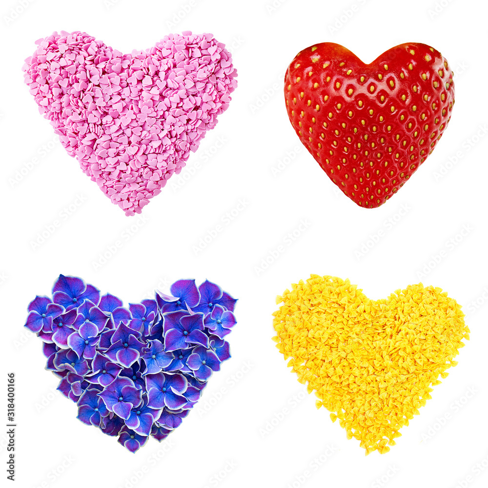 Set of decorative hearts made from different things: from petals, strawberries, pasta and berries. Set of decorative hearts made from different things: from petals, strawberries, pasta and berries.
