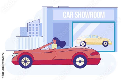 Young Woman Dweller Leaving Automobile Showroom