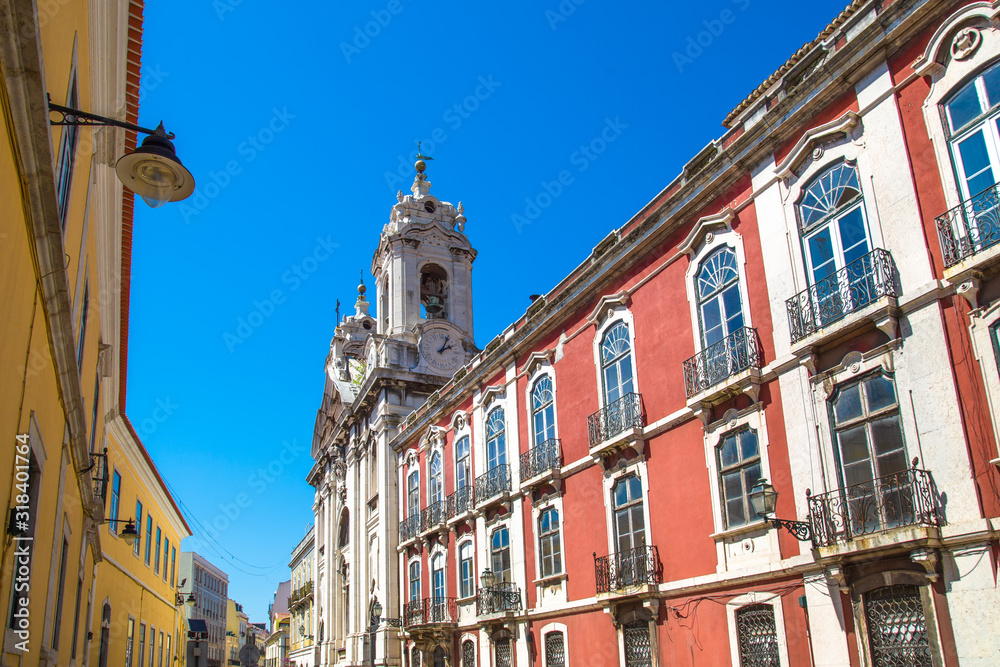 Typical Portuguese architecture and colorful buildings of Lisbon historic city center