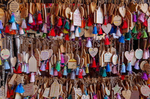 Background of EMA, hanging wooden plate for pray and wish, at shrine in Chinese buddha temple in Bangkok, Thailand.