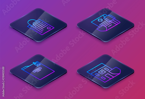 Set Isometric line File document and paper clip, Personal folder, Medical clipboard with clinical record and Medical hospital building with shield. Blue square button. Vector