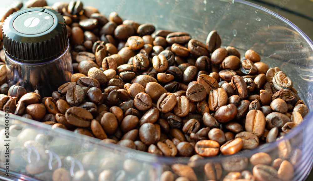 coffe beans background picture with sunlight shining from side