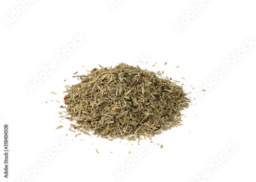 Scattered Pile of Dry Thyme Isolated on White Background
