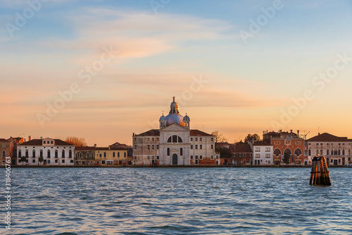 Sunset view of the late renaissance Zitelle Church on Giudecca Island in Venice Lagoon