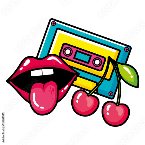 cassette music with cherries and sexy mouth pop art style icon vector illustration design