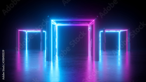 3d abstract neon background, square arch, pink blue glowing lines, futuristic gates construction, reflection