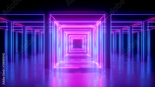 Fototapeta Naklejka Na Ścianę i Meble -  3d render, abstract neon background, pink glowing lines, square shape, corridor, ultraviolet light, virtual reality space