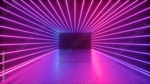 Fototapeta Naklejka Na Ścianę i Meble -  3d rendering, abstract neon background, empty square tunnel with pink glowing lines, long corridor, road, performance stage, floor reflection, ultraviolet light