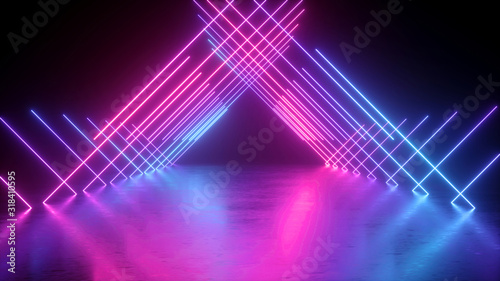 Fototapeta Naklejka Na Ścianę i Meble -  3d render, abstract futuristic neon background, glowing lines, triangular tunnel, corridor, ultraviolet neon light, empty space